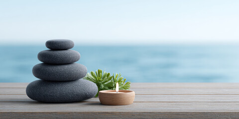 Stacked black spa stones with green succulent and lit candle on wooden surface by calm sea for wellness and relaxation