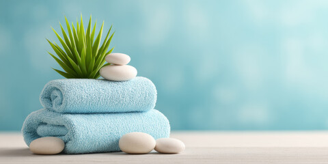 Soft blue towel stack with smooth white stones and green succulent plant on wooden surface for wellness spa relaxation