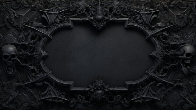 Ornate gothic frame with skulls and bat wings in dark monochrome design for halloween invitation card