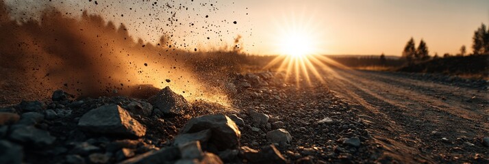  Debris and gravel suspended midair in sunset tones, with no land in sight.  