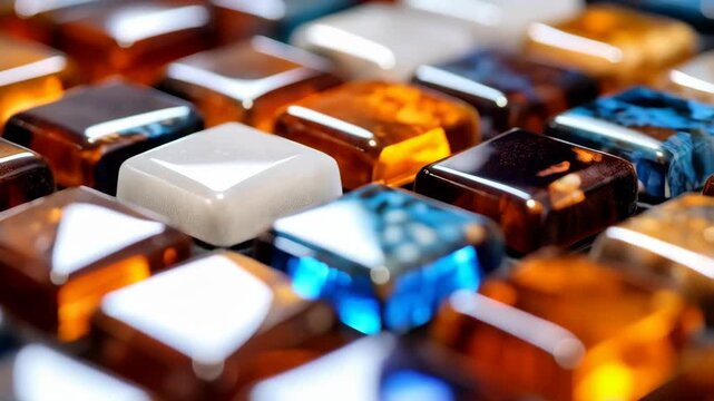 Collection of amber like square objects with blue and white details laid out in an organized pattern.