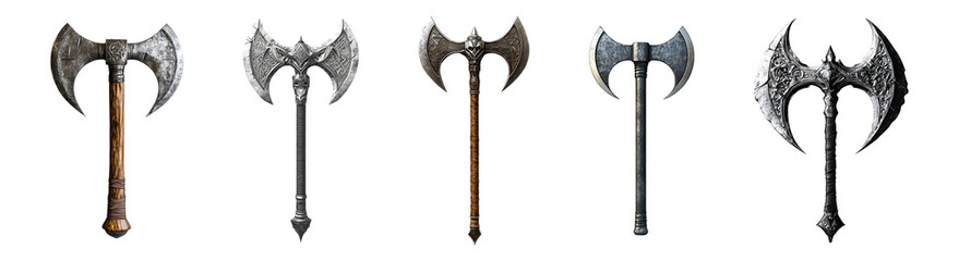 Set of double bladed axe isolated on transparent background, in PNG format, cut out