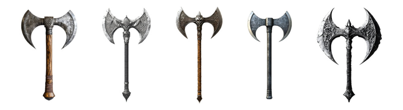 Set of double bladed axe isolated on transparent background, in PNG format, cut out