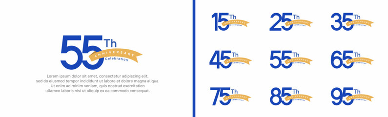 set of anniversary logo style yellow ribbon. vector design blue color for celebration