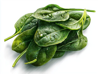 Freshly picked spinach, leaves still covered in dew, randomly arranged on a bright white background without shadows, ai generated images.