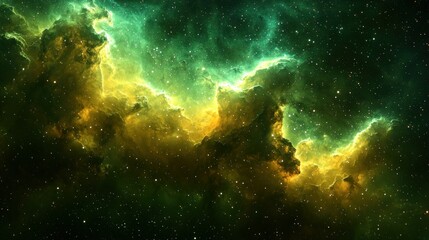 Fototapeta premium Cosmic nebula of swirling emerald and ochre. Vast expanse of glowing, flowing clouds of emerald green and ochre yellow, sprinkled with tiny, distant stars