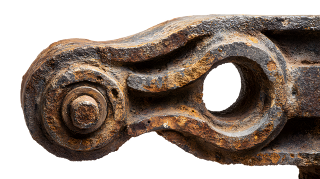 Close up view of an old and rusty industrial iron component showing detailed texture and corrosion isolated on white transparent background PNG cutout
