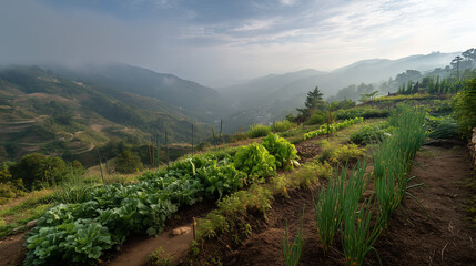 organic vegetable garden in the mountains, plants such as carrots, cabbage, and long beans thrive on terraced land, morning mist envelops the hills in the distance, ai generated images.