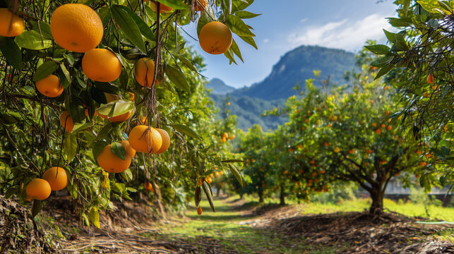 Orange grove at the foot of the mountain with large orange trees bearing many fruits, wide view with green mountains in the background, ai generated images.