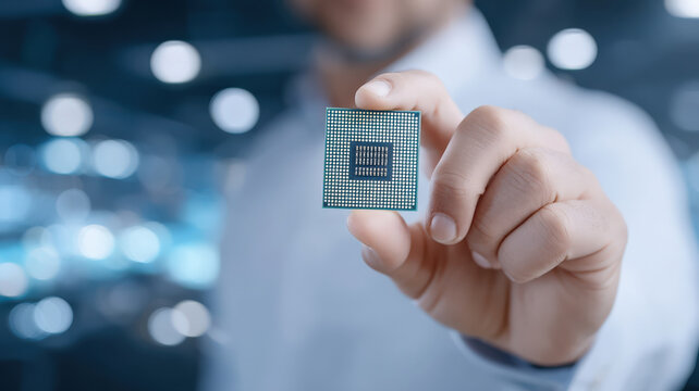 Person holding microchip between their fingers, showcasing advanced technology in blurred background. focus is on intricate details of chip, symbolizing innovation