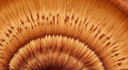Close up view of a mushroom's cap showcasing its brown radial gill pattern and textured surface