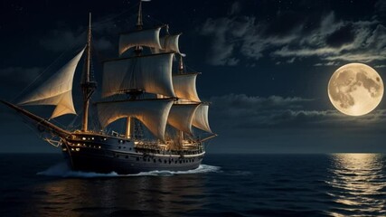 A grand, three-masted sailing ship sailing majestically across a dark ocean under a full moon and starry night sky - Powered by Adobe