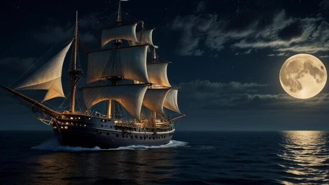 A grand, three-masted sailing ship sailing majestically across a dark ocean under a full moon and starry night sky