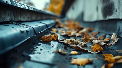 Clogged Rain Gutter with Autumn Leaves on Roof
