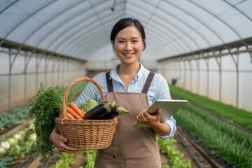 Woman farmer holding a basket of fresh produce and a tablet in a greenhouse.