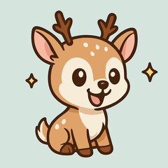 Fototapeta premium Deer Smiling cartoon reindeer sits with sparkles