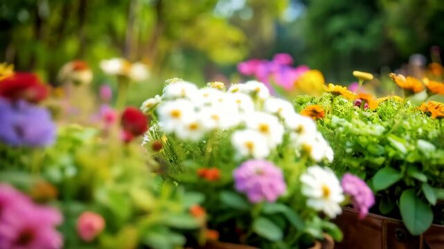 Three old brown leather boots repurposed as flower planters in a bright garden setting with colorful blossoms