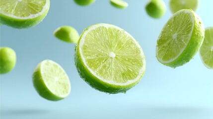 Flying lime slices in a pastel, minimalistic illustration.