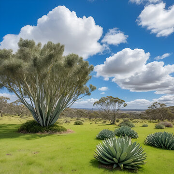 Eucalyptus woodland, clusters of sabra cactus, and lush grass on a bright day set against a sky with clouds.
