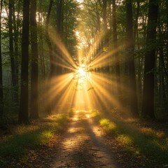 Fototapeta premium Sunbeams Streaming Through Forest Path
