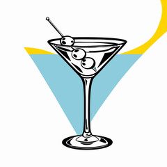 Classic Martini Cocktail with Olives -  Black and White Illustration