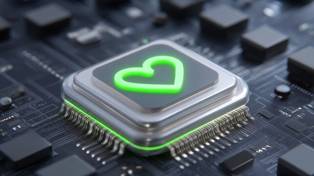 Glowing green heart symbol is displayed on microchip, representing fusion of technology and emotion. circuit board background emphasizes digital theme