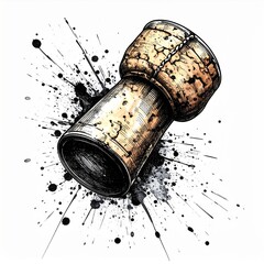 Fototapeta premium Champagne Cork Pop Sketch with Ink Splatter on White