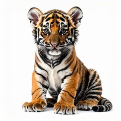 Obraz premium Adorable Tiger Cub Sitting on White Background