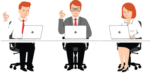 Business team showing OK sign, working at laptops, office teamwork success, professional employees smiling, modern corporate workplace, positive coworkers collaboration, 