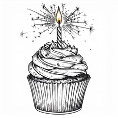 Black And White Cupcake Illustration With Lit Candle And Sparkler