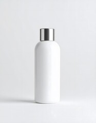 Minimalist white bottle with silver cap on a clean white background