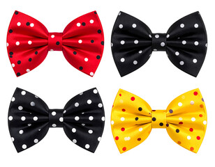 A collection of four vibrant bow ties isolated on transparent background each decorated with polka dots