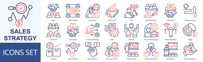 Sales Strategy icon set vector illustration Dual Thone Style Sales, Target Market, Prospecting, Sales Funnel, Pitch, Lead Generation, Negotiation, Customer Journey, Conversion, Closing Deal