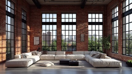 Loft space with large windows, brick walls, and a sectional sofa. Sunlight streams into a modern interior design