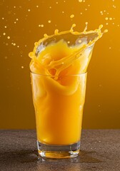 Orange Juice Splash in Glass on Dark Table