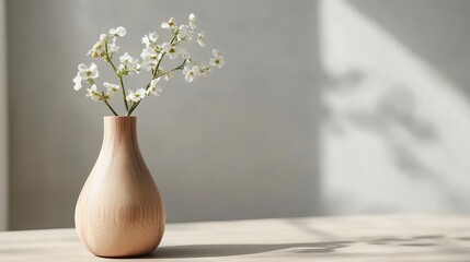 Delicate white flowers in a light brown vase on a wooden table, bathed in sunlight.