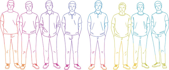 Group of casual young men standing in line, outline vector illustration showing modern fashion, friendship, unity, diversity, and style