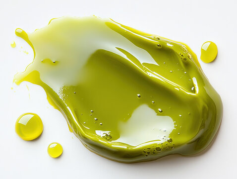 Vibrant splash of green liquid with glossy texture spreads across white surface, creating abstract and dynamic composition. fluidity and color evoke sense of freshness and energy