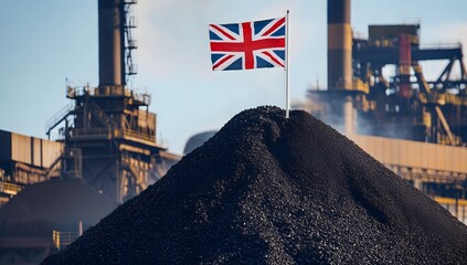 Coal Industry and UK Flag at Industrial Plant
