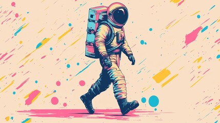 Smiling Astronaut Walking in Colorful Background with Abstract Design