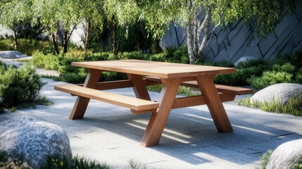 Obraz premium Wooden picnic table outdoors in a garden setting.