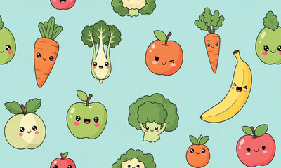 Cute Kawaii Fruits and Vegetables Pattern | Whimsical Food Cartoon Background for Kids Products, Children's Education and Healthy Eating Marketing