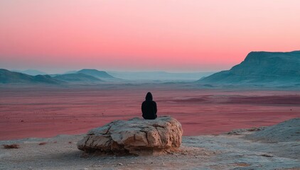 Nature escape through therapy with serenity and peace concept. A serene sunset view from a rocky outcrop with a tranquil ambiance.