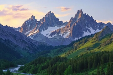 Obraz premium Scenic view of jagged mountain peaks with snow and a lush green valley below