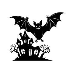 Spooky Halloween Bat and Haunted House Silhouette