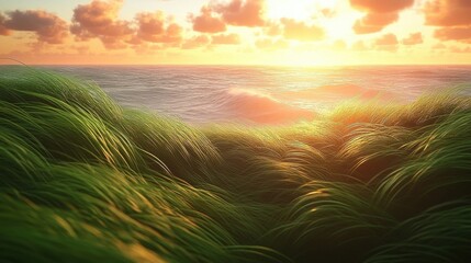 Vibrant Ocean Sunset Over Green Grassy Shoreline Landscape Generative Ai