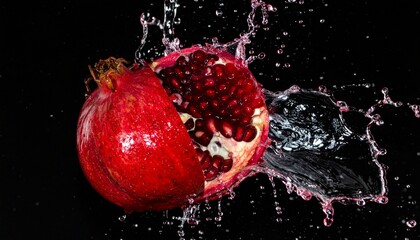 マットな黒背景を背に、水中で爆発するザクロの果実から飛び散る細かな水滴と果汁が宙に浮かび、躍動感あふれる瞬間を強いコントラストで捉えた一枚

