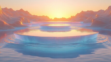 Voxel Sunset Over Water With Mountain Background Digital Art Illustration