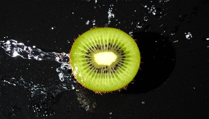 光沢のある黒い表面に置かれた半分に切られたキウイの緑色の果肉から水が勢いよく飛び散り、鮮明なライティングが質感を際立たせる美しい瞬間


