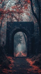Obraz premium Mysterious pathway through ancient archway amidst autumnal forest scenery landscape